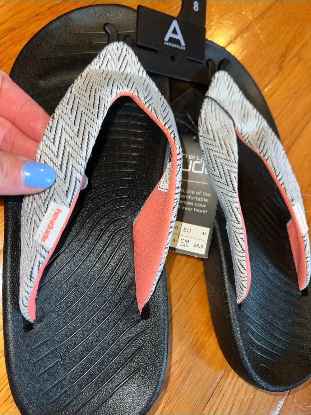 Black Sandal Flip Flops with Gray Chevron Straps and Coral Accents